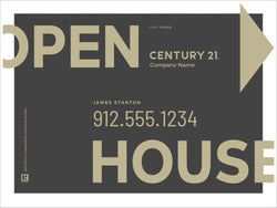 The words open house are displayed graphically across the top and bottom of the sign in a muted gold color. The top third of the sign from left to right displays the word Open in gold letter. To the right in small text LIC# is displayed. Below the LIC Number is Century 21 Company name. To the right is the point of an arrow. The middle third displays the Agents name and phone number in a muted gold. Below on the bottom third is the word House in a muted gold.