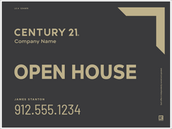 On a black background all the text is in a muted gold. At the top left hand corner in small letters is LIC #. Below is Century 21 Company Name. Below that are the words Open House. Below open house is the agents name and phone number. The upper right hand corner has an implied arrow in muted gold.