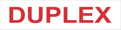 On a white background in red text the word duplex is centered on the sign