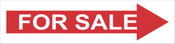On a white background a red arrow is stretched across the length of the sign. Inside the arrow in white text the words for sale are centered. 