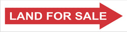 On a white background a red arrow is stretched across the length of the sign. Inside the arrow the words land for sale are centered.