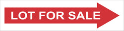 On a white background a red arrow is stretched across the length of the sign. Inside the arrow in white text the words lot for sale are centered